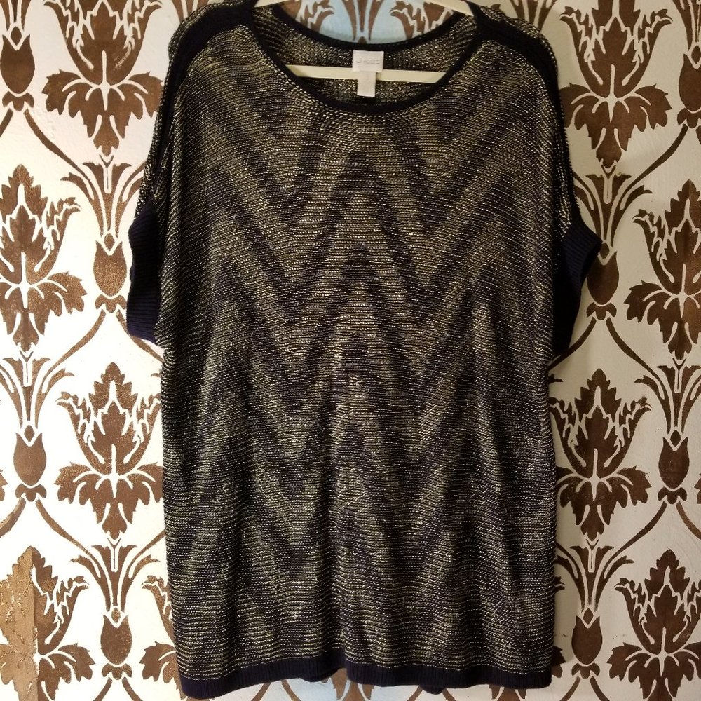CHICOS Michelle Pullover Sweater LIGHTWEIGHT Knit Navy Metallic Zig Zag Womens 3